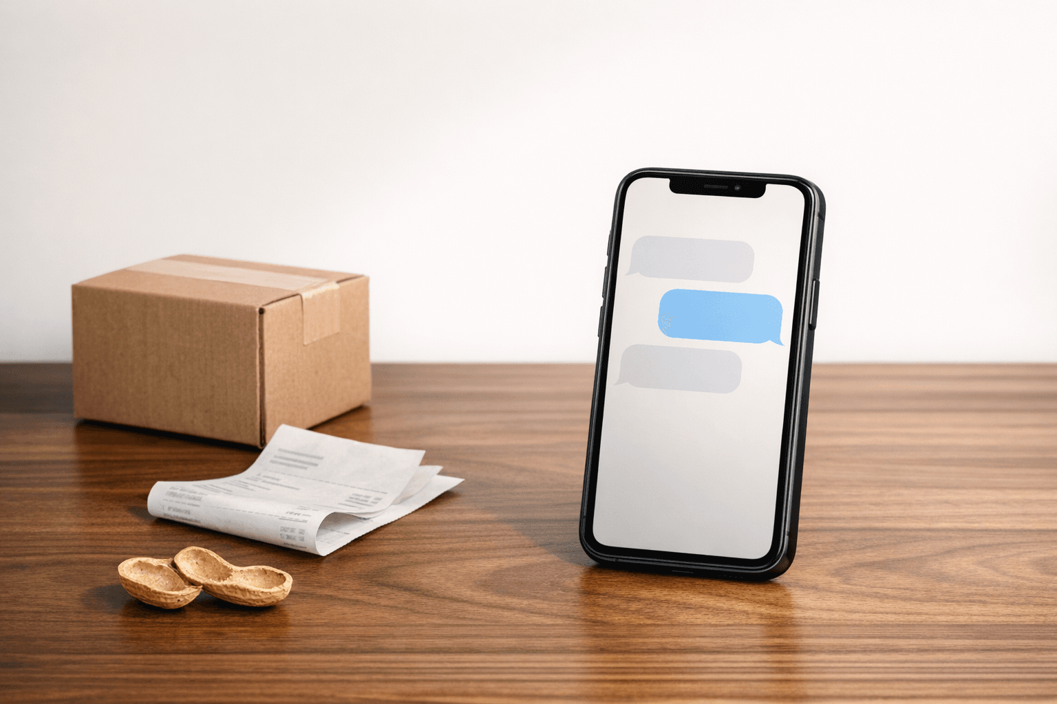 Product photo of a phone, shipping box, receipt, and peanut shell suggesting conversational SMS recovery